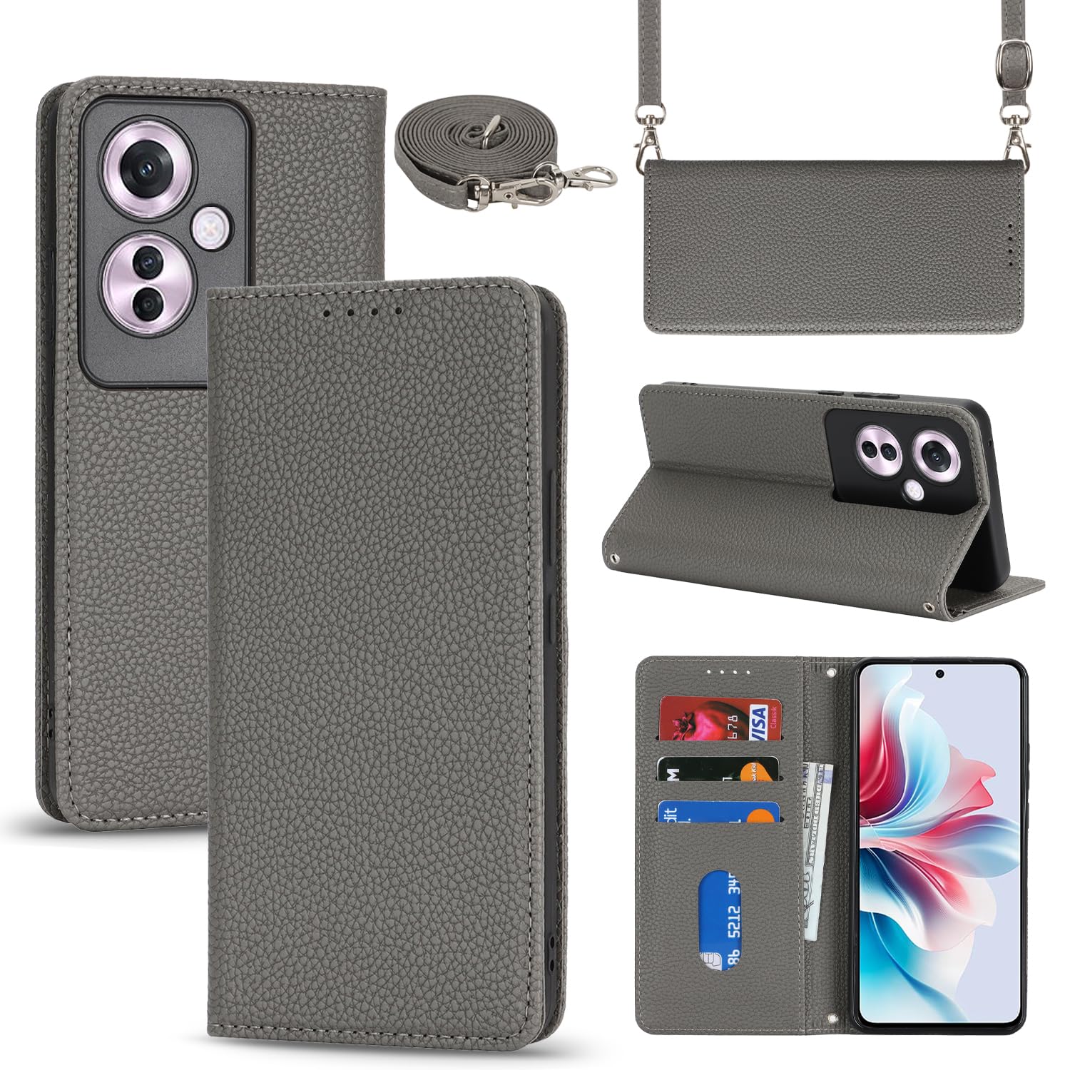 【Hamany】 対応 oppo reno11 a ケース スマホ ショルダー オッポリノ11a ケース 手帳型 カード収納 -グレー