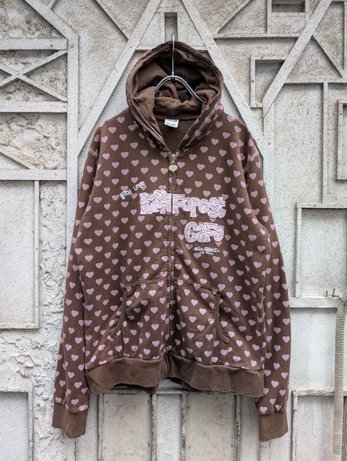 "RAIN FOREST CAFE" heart pattern zip up hoodie