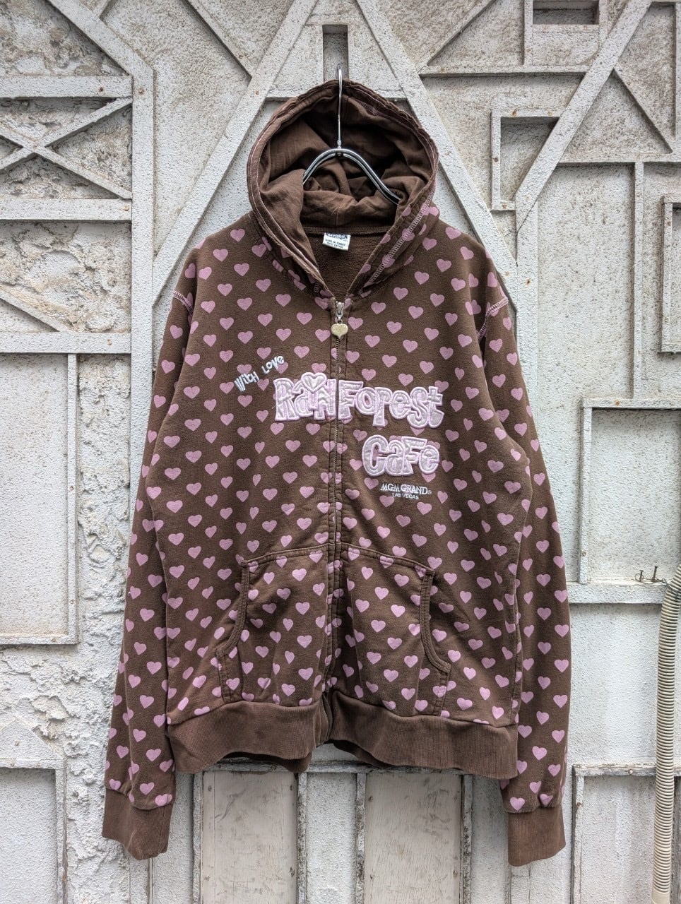 "RAIN FOREST CAFE" heart pattern zip up hoodie