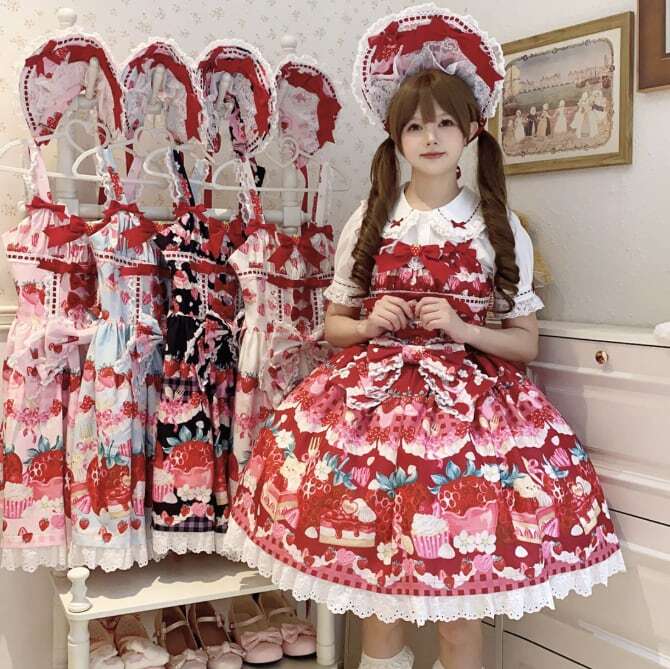 【韓嬢♡甘い莓物語】ロリィタドレスjskサスペンダードレスイチゴ柄ロリータピンク 韓嬢♡甘い莓物語】ロリィタドレスjskサスペンダードレスイチゴ