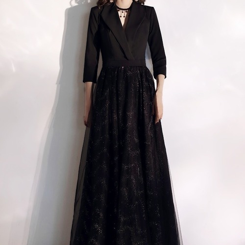 ドレス ロング丈 ジャケット風 スーツ風ワンピ テーラードカラー プリンセスライン 長袖 七分袖 スリム ブラック シック モード パーティー フォーマル 秋冬 レディース　BADA0108