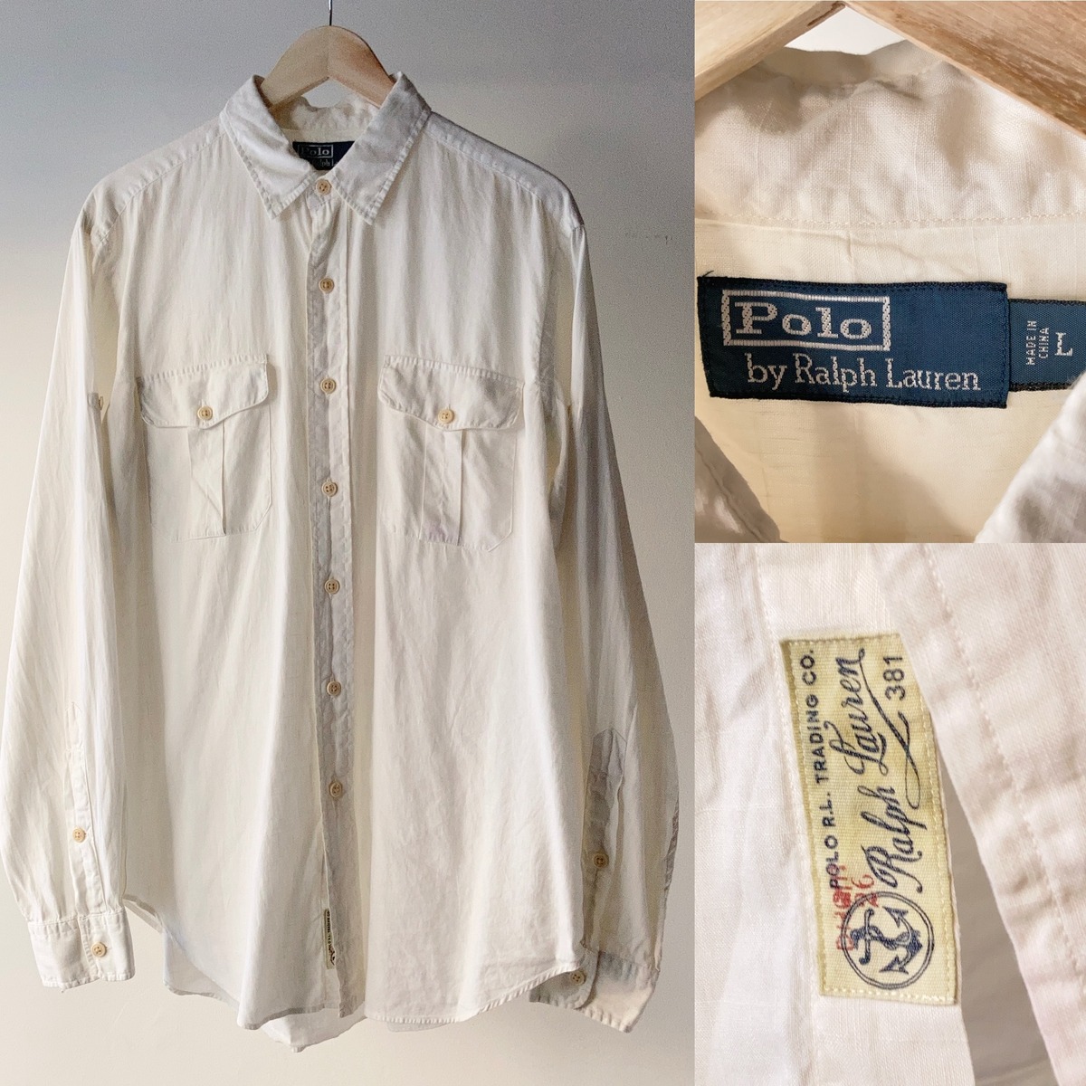 POLO by Ralph Lauren リネンL/Sサファリシャツ 白 SIZE L【0726A29 