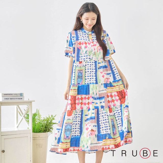 TRUBE パッチワークカラフルミックス総柄バンドカラーワンピース【M~L】ホワイト