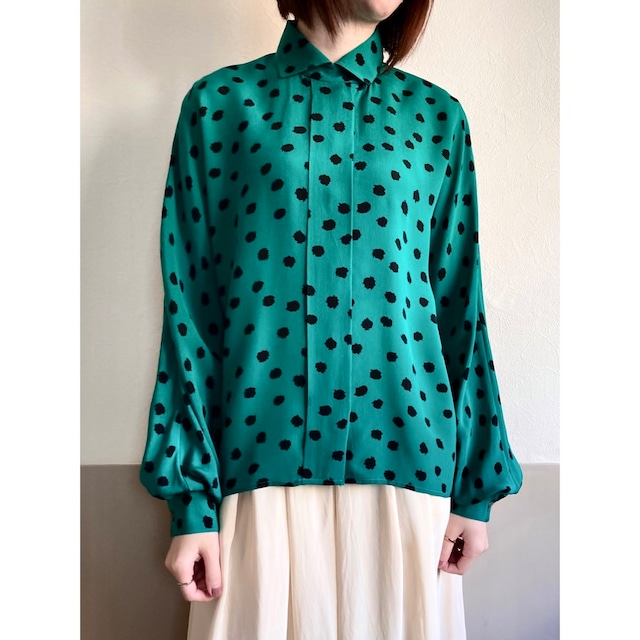 90s Green Abstract Dot Rayon Blouse