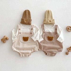 【秋作】熊柄サロペットロンパース＆シャツ2点セット