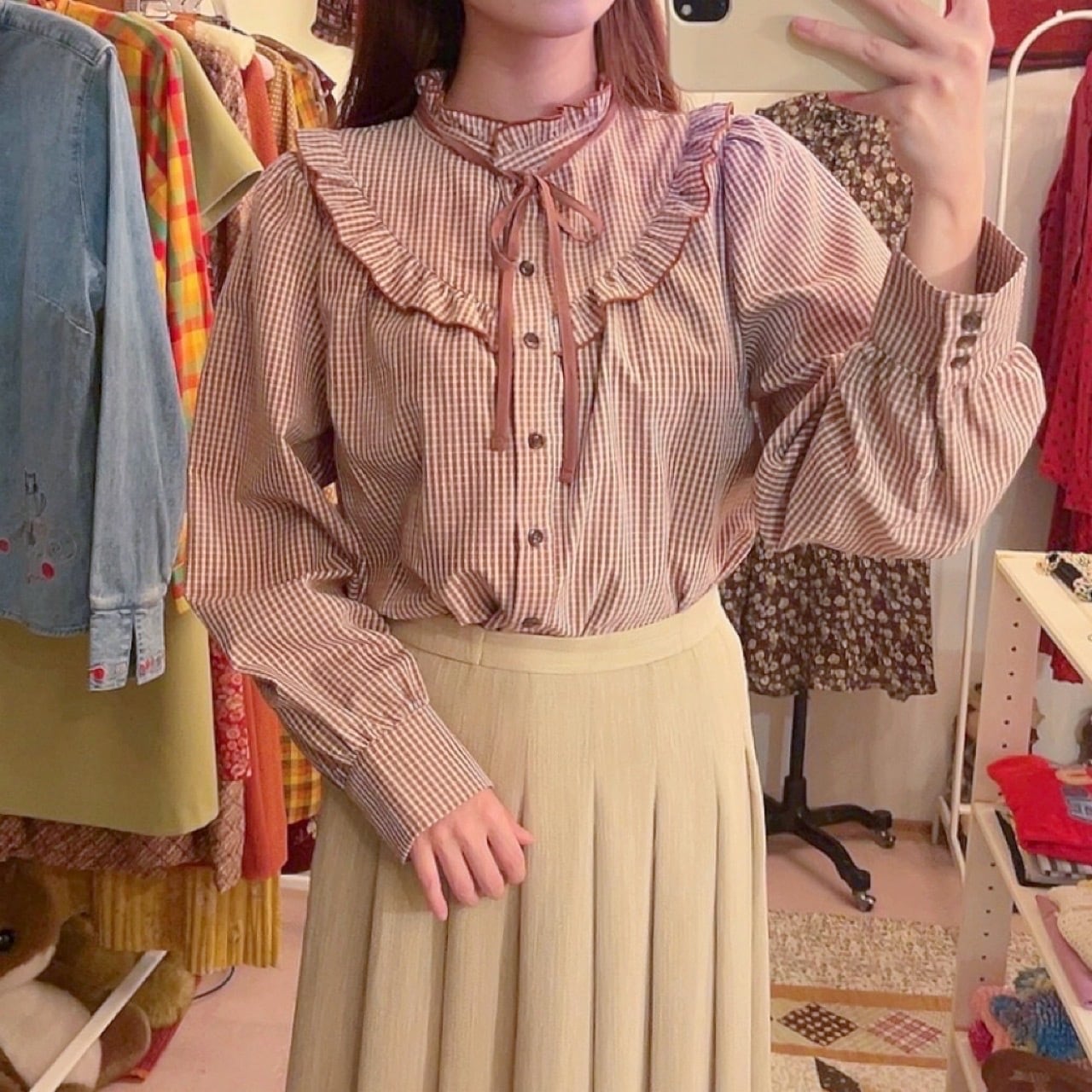 brown gingham check frill ribbon blouse