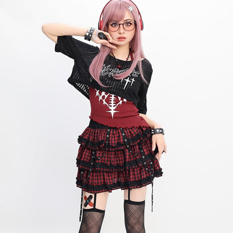 地雷系 ミニスカ 甘辛MIX チェック柄 ライブ衣装 参戦服 サブカル系