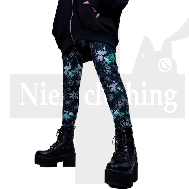 STRETCH LEGGINGS PANTS【和柄九尾(緑)】