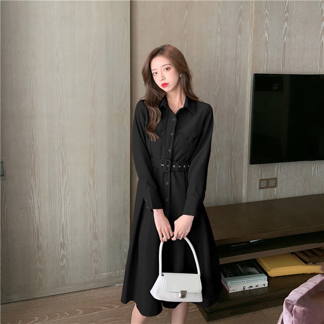 全2色 コーデュロイシャツワンピース Aライン ひざ下丈 カジュアル シンプル 春夏 お出かけ 通勤 デート 女子会 デイリー 長袖 ハイウエスト ウエストマーク くすみカラー 無地 Arroser