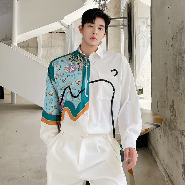 【予約販売】シャツ 長袖 シンプル 無地 スカーフ風 アシンメトリー メンズ ホワイト レトロ カジュアル シック こなれ感 お洒落 韓国 トレンド 春 秋 M/L/XL