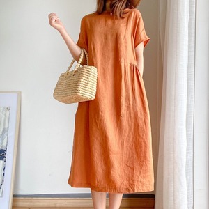 ワンピース 半袖 ロング リネン 麻 綿 涼しい 春 夏 レトロ  ガーリー 北欧 生地 シャツワンピ オレンジ テラコッタ ネイビー スカート レース レディース 無地 しわ加工 ブラウス 膝丈 ミディアム きれいめ 韓国 マタニティ 大きいサイズ フリーサイズ シック モード 通勤 デイリー オフィスカジュアル ふわり 袖あり さらさら 低身長 高身長 リボン タウン お仕事コーデ お出かけ デート 旅行 夏休み OP-127KT