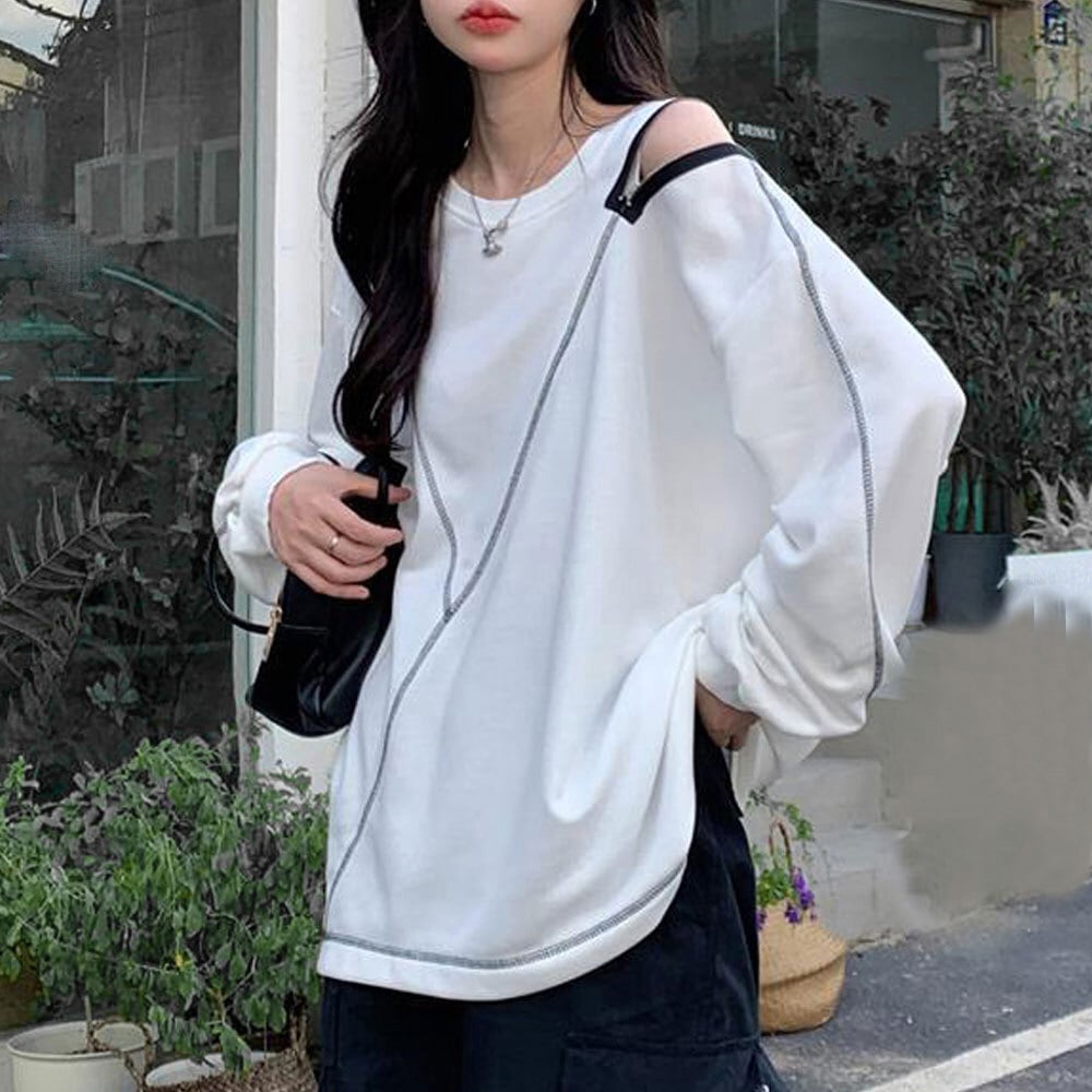 肩開き ロング Tシャツ レディース 春秋冬 トップス 肩出し 原宿系 ストリート 大人 かわいい きれいめ 肌見せ カジュアル 大人可愛い 大人女子