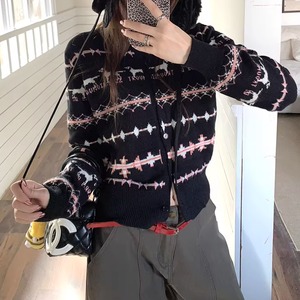 ノルディック柄クルーネックニットカーデ ・74696