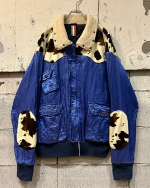 【Caka otto】  Cow Pattern Switching Vintage Loose Nylon Jacket