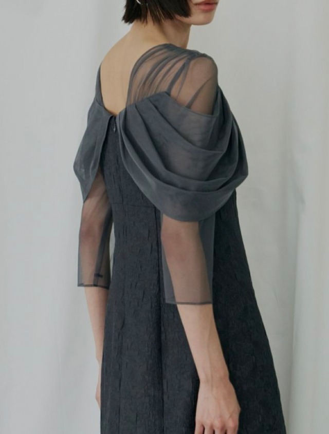 Tulle Drape Jacquard Dress / CHARCOAL