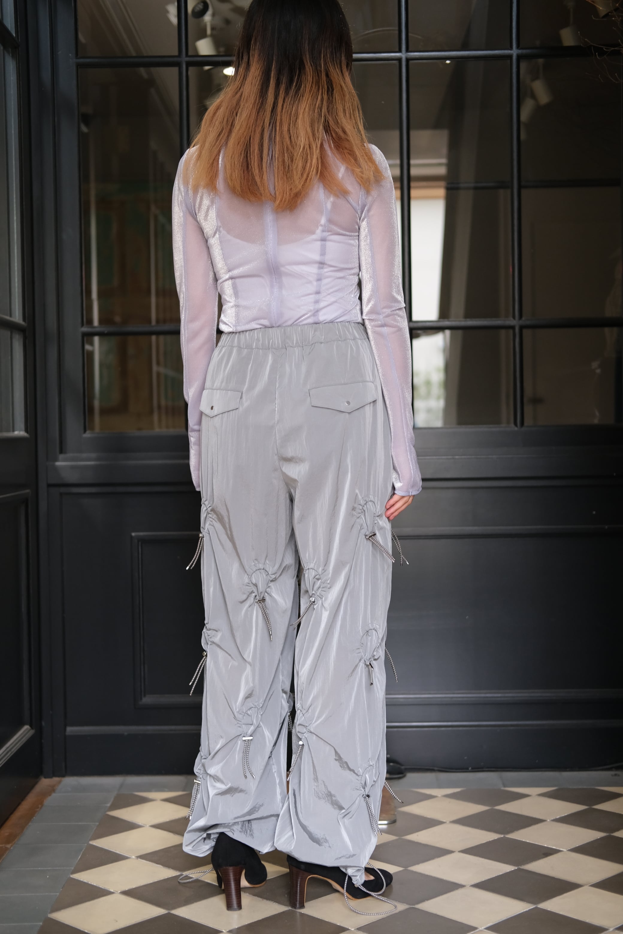 Mame Kurogouchi】Lamé Jersey High Neck Sheer Top - purple Mame Kurogouchi】Lamé Jersey High Neck Sheer Top - purple