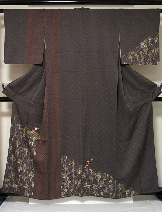 袋帯 京都 西陣 紬地 黒グレー 花菱 桜 斜め格子 上質 新古品 kp1310 