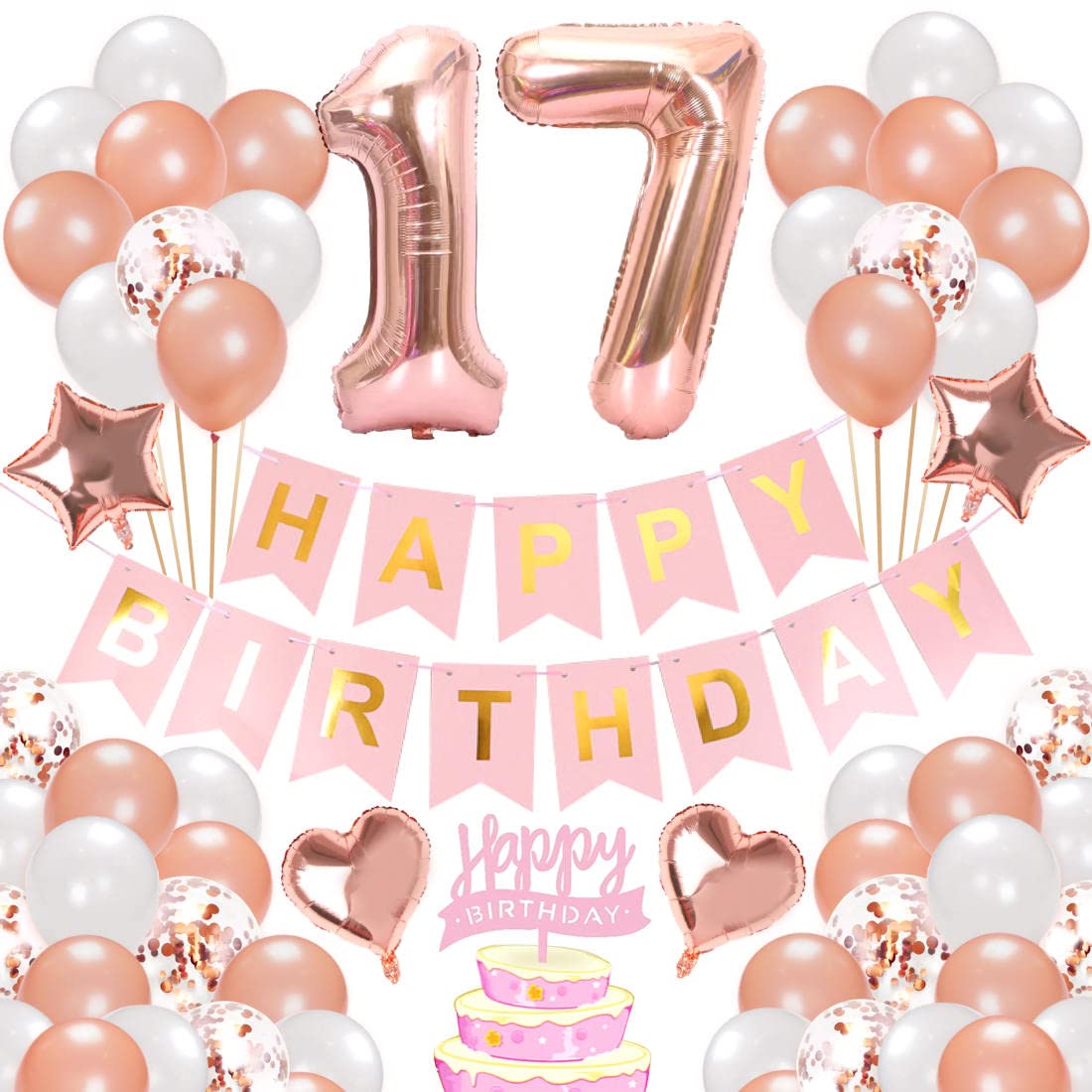 64枚 17歳 誕生日 飾り付け 風船セット 数字バルーン 組み合わせ 「HAPPY BIRTHDAY」ランド ハート風船 紙吹雪風船 ドットシール 装飾 パーティー お祝い サプライズ シルバー&ブラック 男の子 女の子