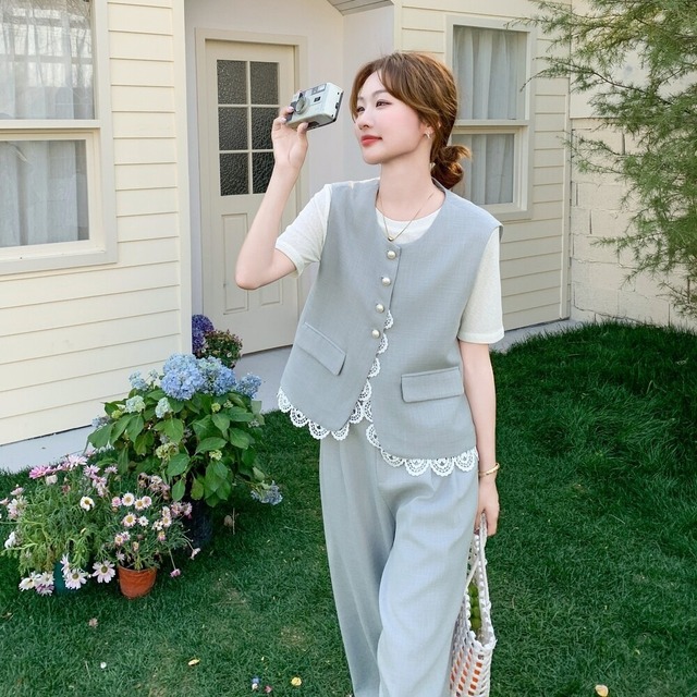 【セットアップ】 セットアップ レディース おしゃれ ママ きれいめ ワイド パンツ ベスト ジレ 春 夏 秋 20代 30代 40代 50代 袖あり お呼ばれ シンプル おしゃれ グレー S M L XL