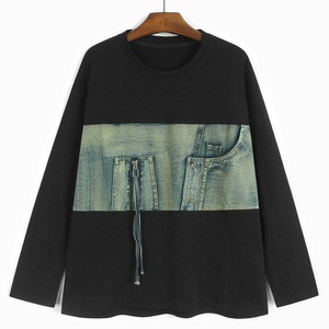 DENIM STITCHED ROUND NECK LONG SLEEVES T-SHIRT 4colors M-15407