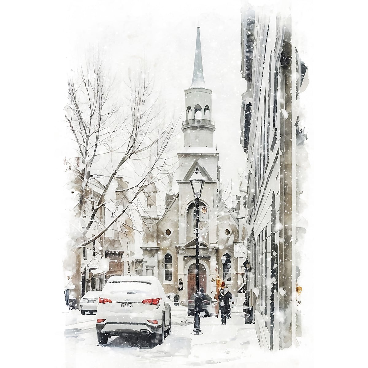 絵画 風景画(街並み) 冬 雪のカナダ モントリオール旧市街 インテリア