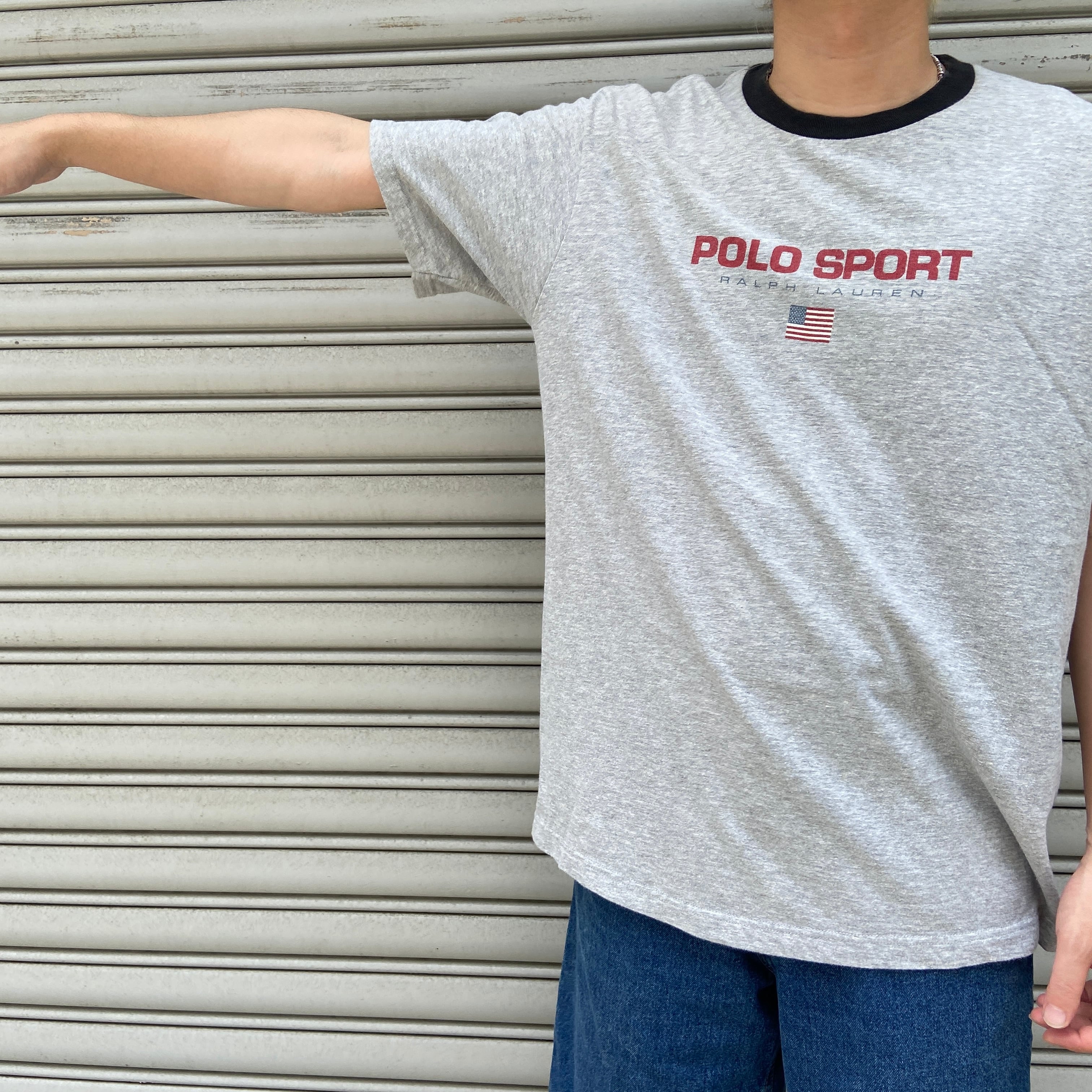 90s POLO SPORT ラルフローレン 星条旗ロゴTシャツ リンガーネック