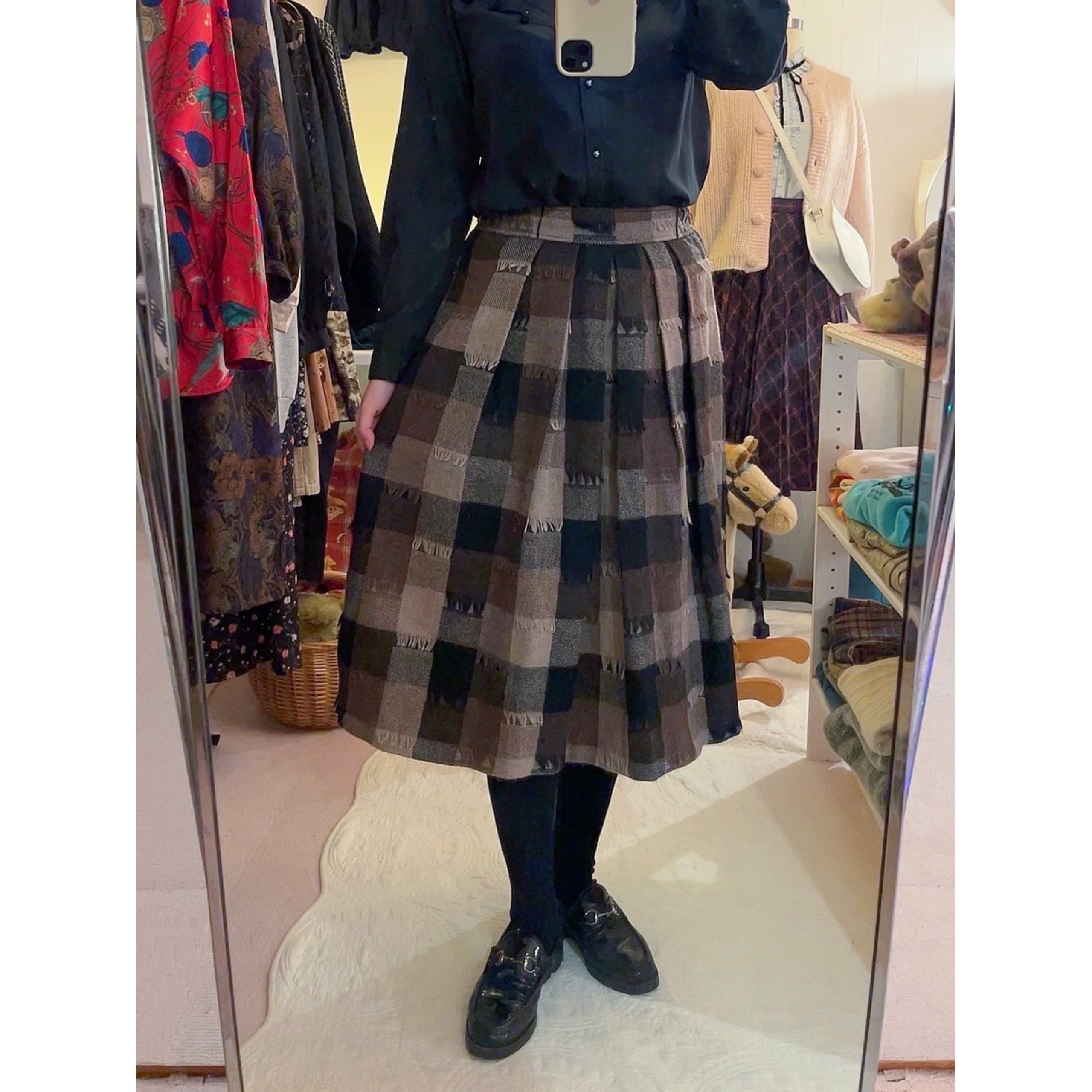 block check fringe wool skirt