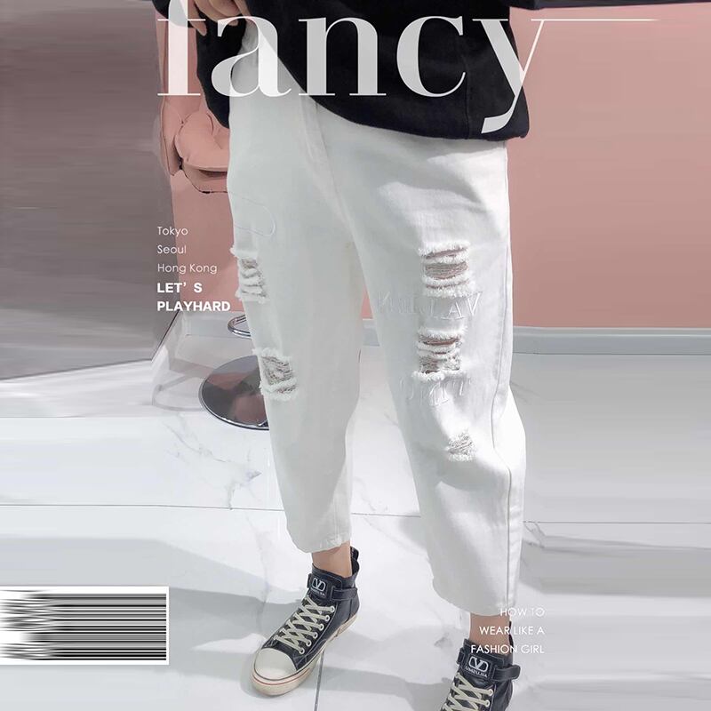 プラスサイズの女性の秋の服新しい脂肪姉妹mm薄い西洋風穴手紙ジーンズ股腿太い女性パンツ ミックスインファッション88026949875