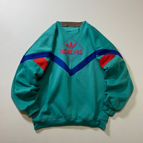 90s adidas　トレフォイル　フロッキーロゴ　ドルマン　スウェット　トレーナー　アディダス　ターコイズブルー　M 古着