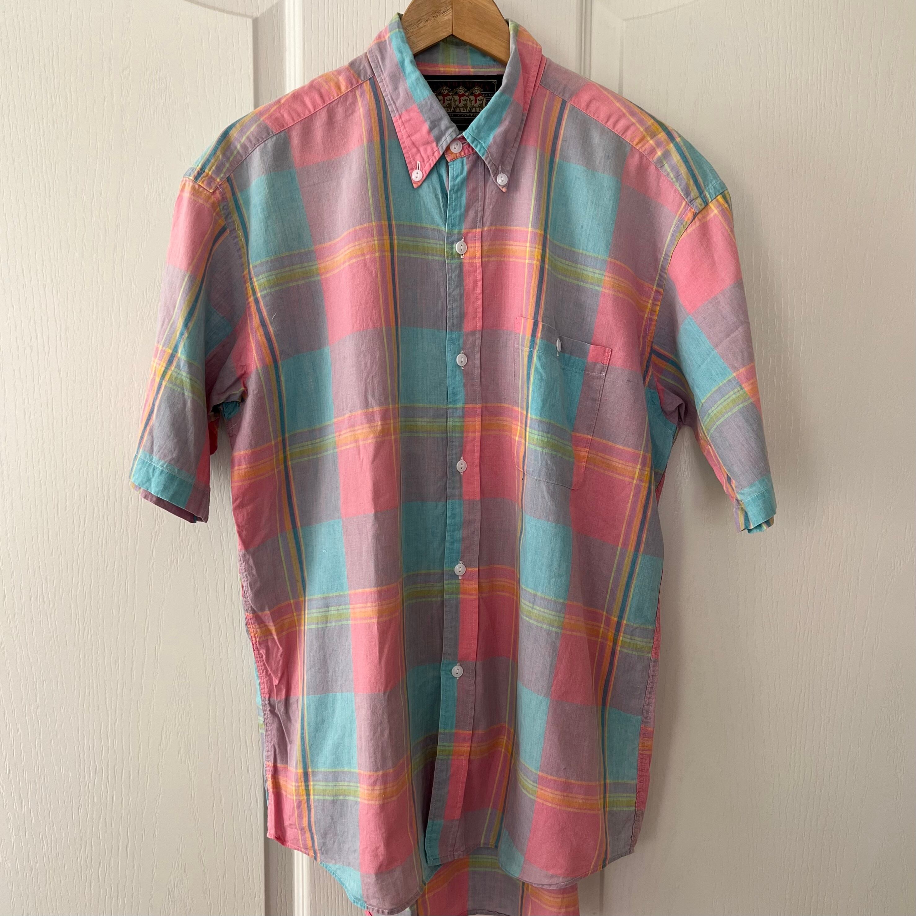 80s チャップス Wポケット ストライプチェックシャツ XL ブルー グリーン