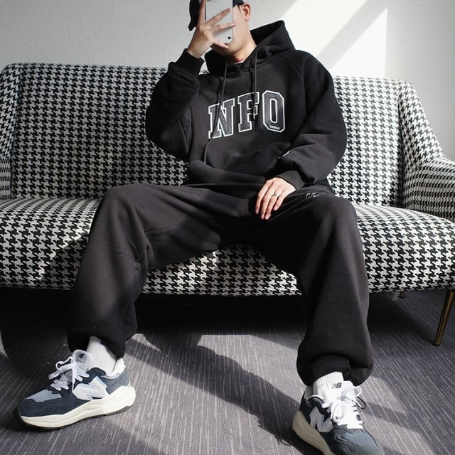 【予約販売】メンズ セットアップ 上下 長袖 裏起毛 パーカー NFO フード グレー/ブラック ルーズ 男前 スエット 韓国 パンツ セット ジム カジュアル 部屋着 リラックス ルームウエア 韓国 トレンド 大きいサイズ M/L/XL/2XL