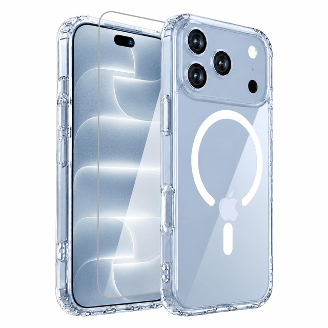 【米軍MIL規格・Magsafe対応】iPhone 18 Pro / 17 Pro 用 ケース クリア 耐衝撃 ガラスフイルム付き 黄変防止 滑り止め