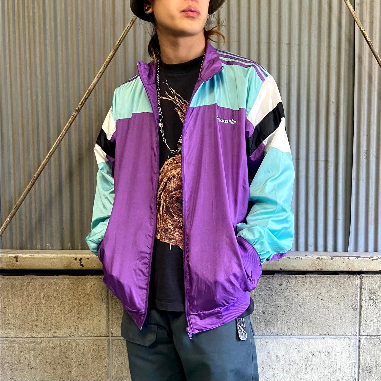 80〜90年代 adidas アディダス ロゴ刺繍 ナイロンジャケット メンズL  