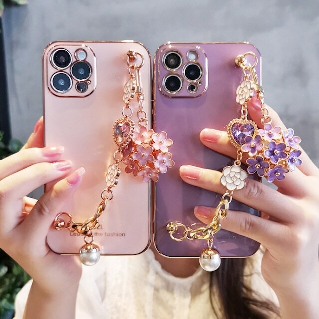Galaxy プレーンカラー ジュエリーハンドチェーン フラワーチャーム付き スマホ ケース カバー Samsung サムスン Galaxy ギャラクシー S S21 S22 Plus Ultra A52 A53 スマホケース スマホグッズ専門店 Pca