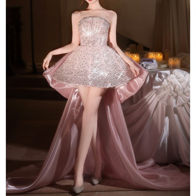 リボンロングトレーンミニドレス　D1813