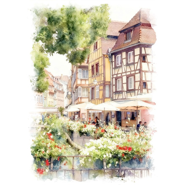 絵画 風景画(街並み) フランス コルマールの街並み インテリアアート額付き 水彩画・油絵調 WAT0554