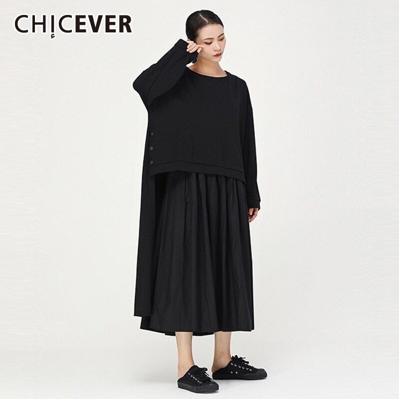 CHICEVERパッチワークヒットカラーツーピースセットレディースOネック長袖非対称シャツミディプリーツスカートセット2020 ロング 6base533937522839