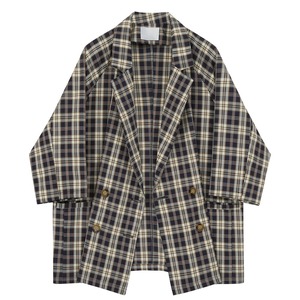 CHECKERED DOUBLE BREAST 3/4 SLEEVES BLAZER JACKET 1color M-5549
