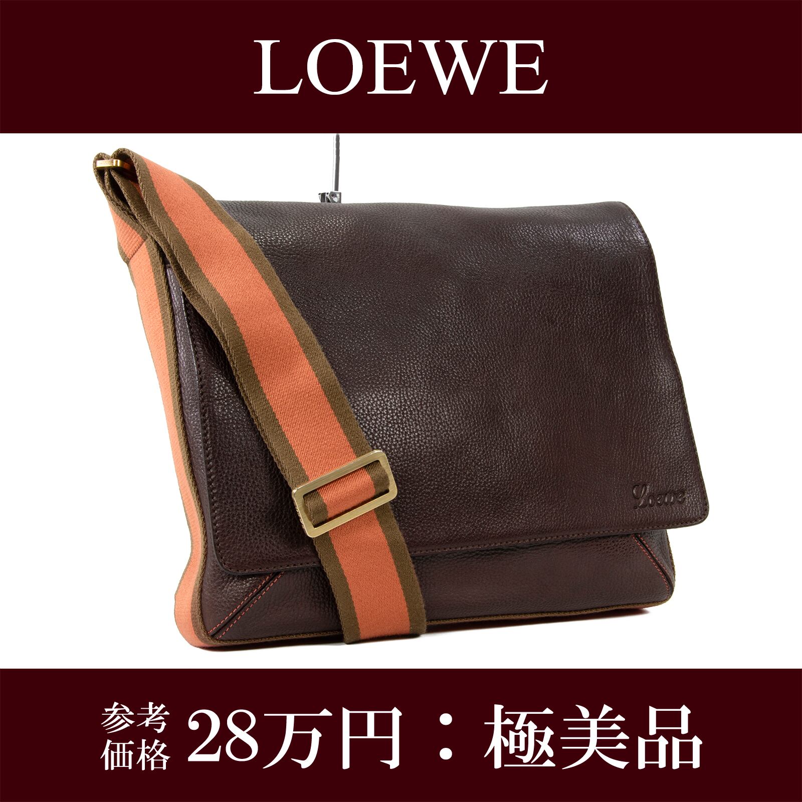 本物 送料無料 ロエベ ショルダーバッグ メッセンジャーバッグ メンズ レディース 茶色 オレンジ 斜め掛け ロゴ マーク 革 鞄 バック F275