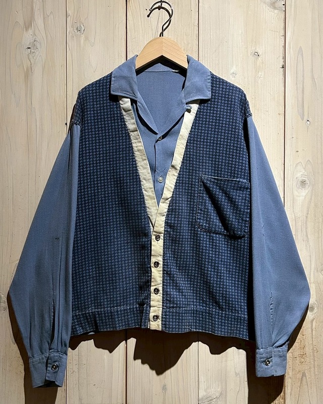 【a.k.a.C.a.k.a vintage】50's Gabardine Houndstooth pattern Layered Design Vintage L/S Open Collar Shirt