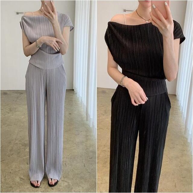 【予約販売】セットアップ レディース ブラック グレー オフショルダー 肌見せ リブ 無地 ウエストゴム ワイドパンツ ハイウエスト ショート丈 半袖 美ライン 体型カバー こなれ感 大人可愛い 楽ちん 旅行 韓国 春 夏 秋 トレンド フリー