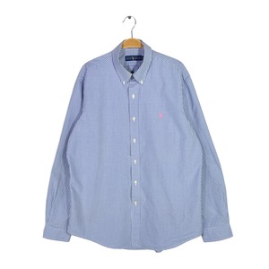 ラルフローレン ギンガムチェック ボタンダウンシャツ ワンポイントロゴ ブルー系 長袖シャツ RALPH LAUREN サイズL 古着 CA1521