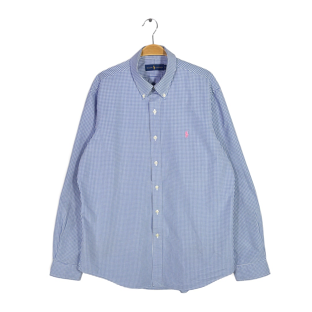 ラルフローレン ギンガムチェック ボタンダウンシャツ ワンポイントロゴ ブルー系 長袖シャツ RALPH LAUREN サイズL 古着 CA1521