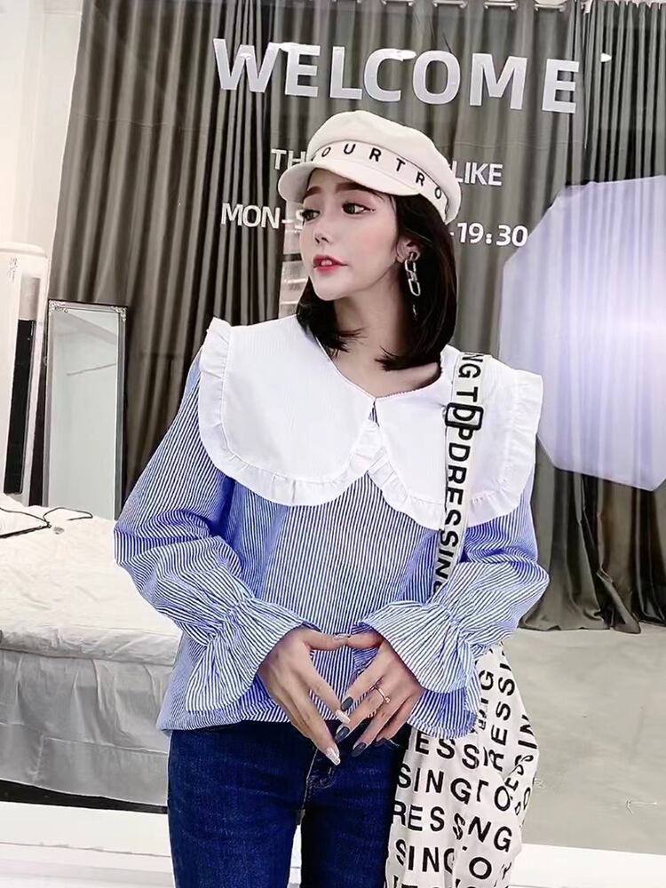 Tシャツ シャツ ルーズスプリングスタイルストライプストレッチカフトップス ロング エラスティック 伸縮 大きめサイズ 春物 ミックスインファッション84124158775