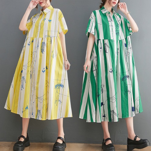 シャツワンピース レディース ワンピース 半袖ワンピース ミドル丈 Ａラインスカート ゆったり ルーズシルエット ストライプ プリント アート ポロ襟 カジュアル お出かけ おしゃれ 可愛い 女性
