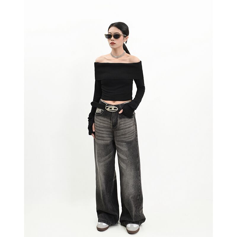 ウエスト女性黒ジーンズヒップホップスタイルヴィンテージストリート