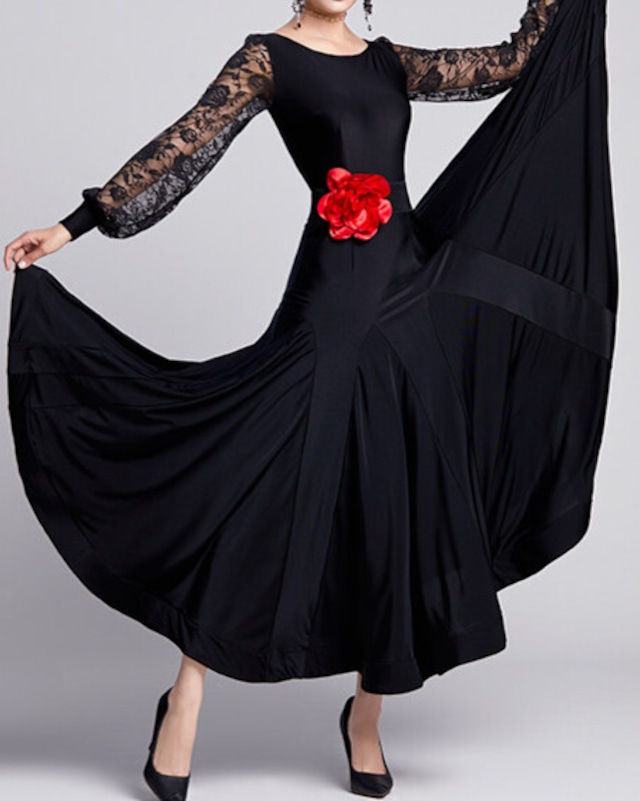 レーススリーブ ウエストマーク フラワーモチーフ ダンスドレス ds1468