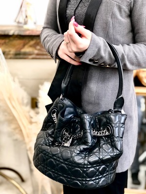 Christian Dior クリスチャン ディオール　カナージュ　パドロックチャーム　レザー　巾着　バケット　トートバッグ　ブラック　vintage　ヴィンテージ　オールド　txf4va