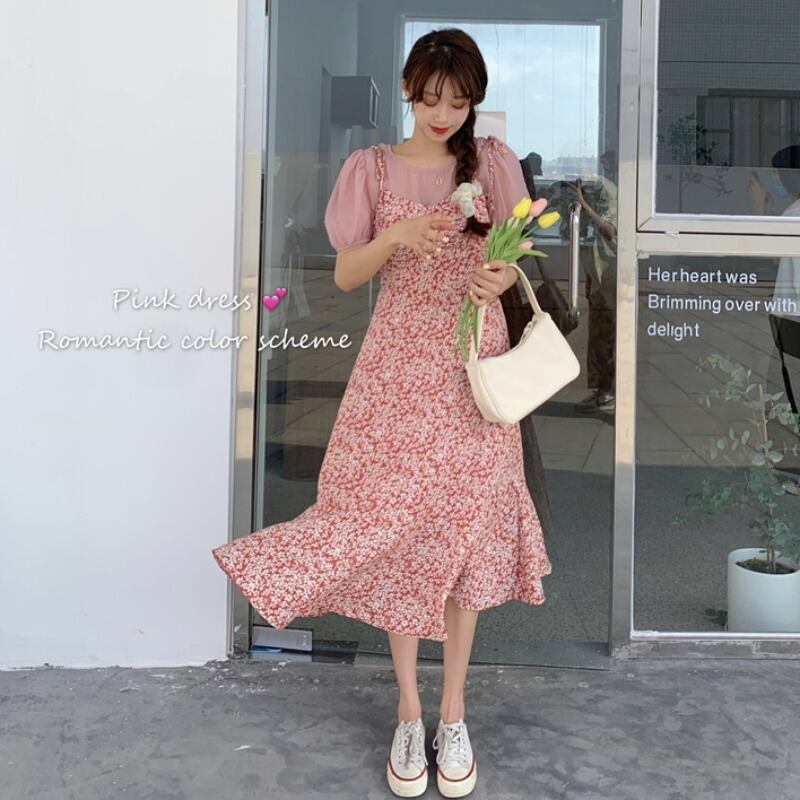 2020年夏の新しい女性スタイルのパフスリーブシャツフローラルスリングシフォンドレスツーピースヘップバーンスタイル 1号婦人91531519212