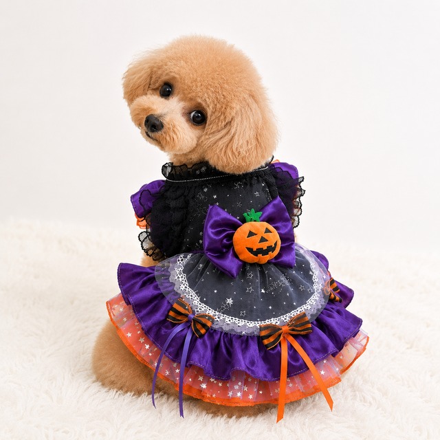 【海外ハンドメイド】ハロウィンパープル×オレンジドレス　犬服　01327